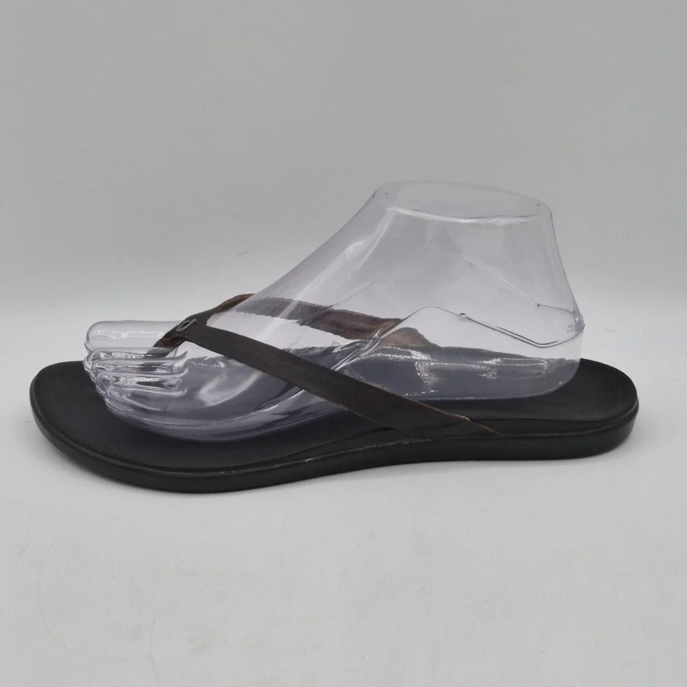 OluKai Sandals Womens Size 10 Brown Leather Thong Flip Flops Black‎ Sole Comfort